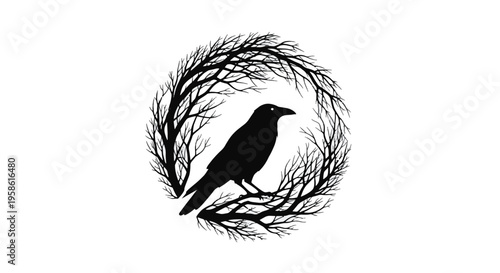 Silhouette of a Raven Perched on a Branch Within a Circular Frame of Bare Tree Branches