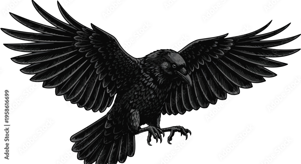 Fototapeta premium Black Raven Bird in Flight with Spread Wings Dark Feathered Animal