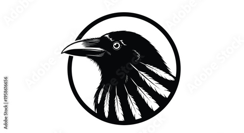 Black Raven Bird Head in Circle Stylized Vector Icon