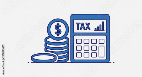 A blue vector graphic illustration of a calculator with the word TAX and a stack of coins with a dollar sign on top, representing financial calculation and taxation.