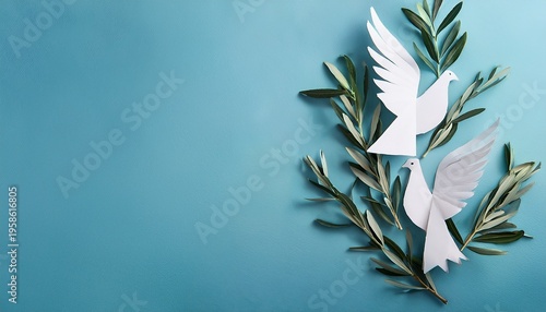 Top view of white paper dove decoration with olive tree branches on pale blue background with copy space