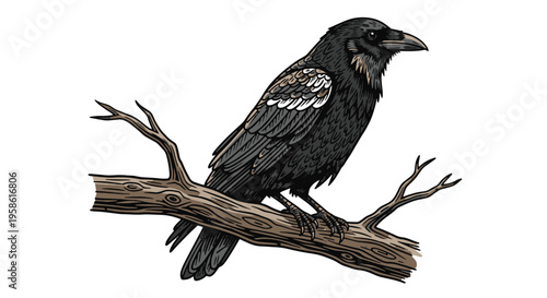 Black Raven Perched on a Gnarly Dead Branch Illustration