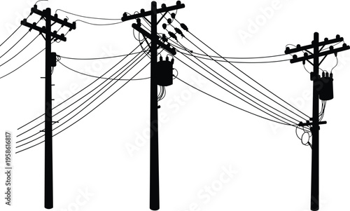Silhouette of utility poles with transformers, crossarms, power lines, electricity distribution, urban infrastructure, industrial landscape, high voltage electrical grid