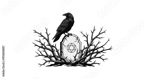 Black Raven Perched on Tombstone Surrounded by Twisted Branches
