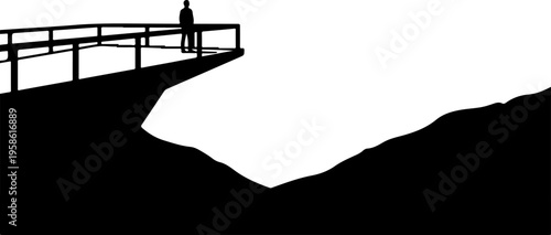 Silhouette, person standing on cliff edge, black and white, landscape vector