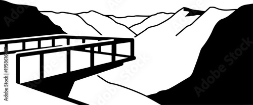 Black and white mountain landscape with bridge, vector illustration, scenic view, monochrome design