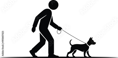Minimalist black silhouette showing a person walking a small pet dog on a leash over a white plane