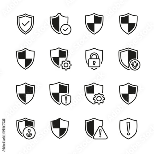 Set of 16 Security Shield Icons for Data Protection Privacy Safety and Cybersecurity Concepts Isolated on White Background