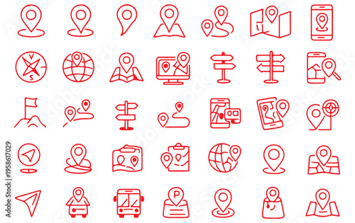 Location line icon set. Navigation, geolocation, map, map pin, gps, path, route, distance, destination, directions, street, road, position and more. Outline icon in linear style. Vector collection.