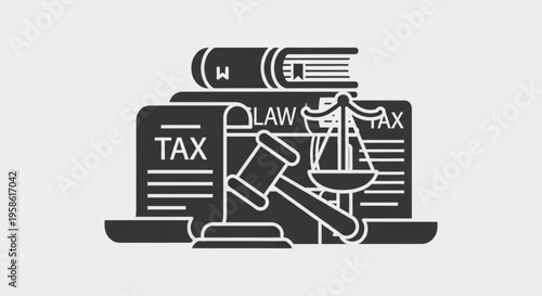A vector graphic illustration of a law and tax concept with a gavel, scales, and documents