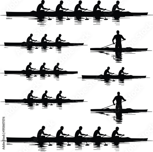 Black and white of people rowing boat and standing on dock oars de