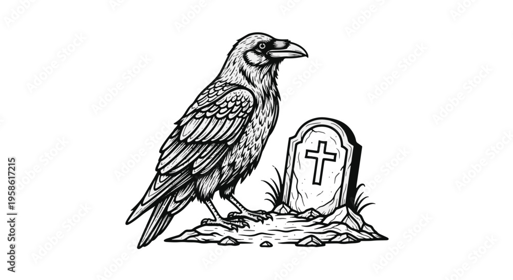 Fototapeta premium Raven Bird Sitting Next to a Tombstone in a Graveyard