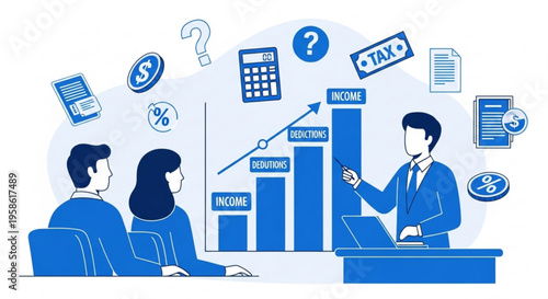 A businessman presenting financial data to two colleagues in a meeting with graphs and money icons around them.