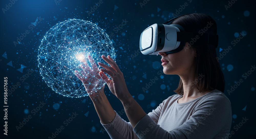 Naklejka premium A woman wearing a virtual reality headset