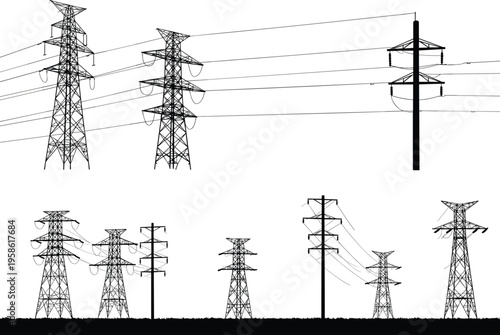 Silhouette of transmission towers and utility poles with crossarms, grassy base, power lines, electricity distribution, industrial infrastructure, high voltage grid