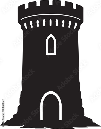 Black Castle Tower on White Background