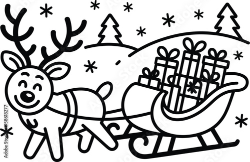 Playful cartoon reindeer strides along pulling a sleigh filled with gifts through a whimsical snowy scene