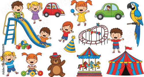 Kids Playground and Amusement Set with Slides Carousel Cars and Circus, Cartoon Children Collection for Fun Park, Toys, and Childhood Illustration Design