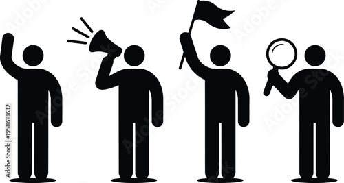 Simple black human silhouette symbols representing ideas of protest, communication, and focused inquiry