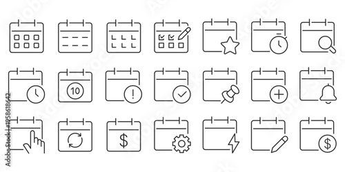 modern linear calendar and date icon set. vector thin line outline symbols for ui-ux app and web interfaces. minimal stroke collection including date. Calendar, agenda, planner outline icons set Flat