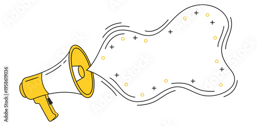 Yellow megaphone illustration with speech bubble cloud for marketing announcement message communication and social alert