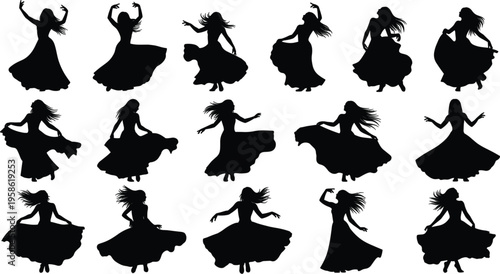Collection of elegant female dancer silhouettes in flowing dresses, dynamic movement poses, black vector style, isolated on white background for design use creative projects