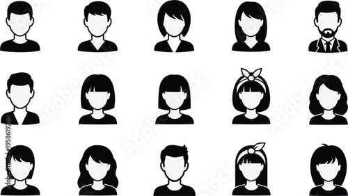 Avatar icons set, diverse male female user profile silhouettes, modern flat people characters collection, social media users, business identity, simple black vector illustration pack