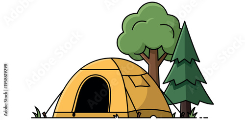 A flat vector illustration of a yellow dome camping tent pitched between an evergreen pine tree and leafy green oak tree