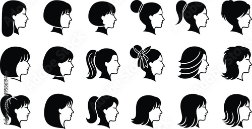 Collection of female hairstyle silhouettes, various haircuts and styles, profile views, black vector illustration set isolated on white background for beauty and design