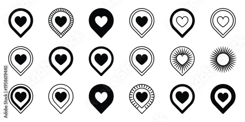 Heart love location pin icons set for maps, navigation, and Valentine's Day tracking, minimal line art vector collection for apps