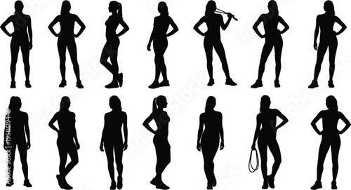 Collection of female sport silhouettes in active poses, fitness and workout figures, athletic body shapes, black vector illustration set isolated on white background