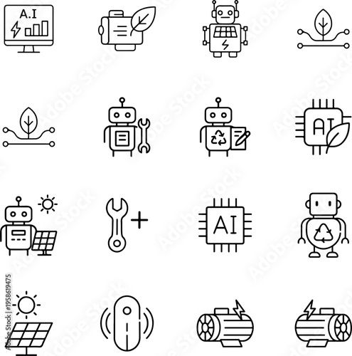 Icons depicting eco-friendly robots and technology