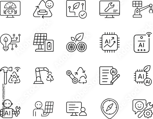 Icons representing sustainable technology and innovation