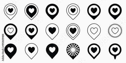 Heart love location pin icons set for maps, navigation, and Valentine's Day tracking, vector illustration for romantic, travel, and location-based design