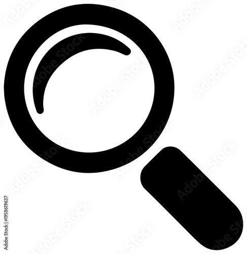 Bold black magnifying glass logo with thick outline on white background for search concepts