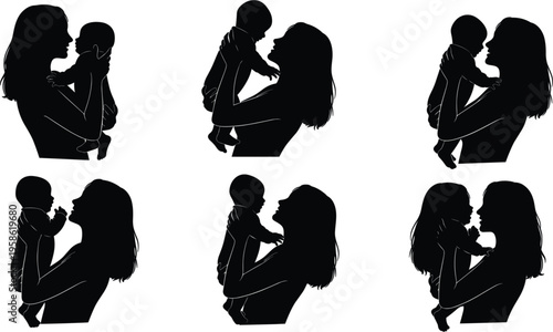 Collection of mother and baby silhouettes, loving parenting moments, family bonding poses, black vector illustration set isolated on white background for design projects