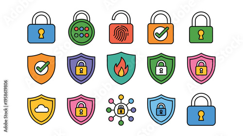 Cybersecurity Lock and Shield Icon Set, Colorful Padlock and Shield Symbols for Data Protection, Network Security, Firewall, and Privacy Concepts in Modern Flat Vector Style