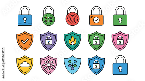 Cybersecurity Lock and Shield Icon Set, Colorful Padlock and Shield Symbols for Data Protection, Network Security, Firewall, and Privacy Concepts in Modern Flat Vector Style