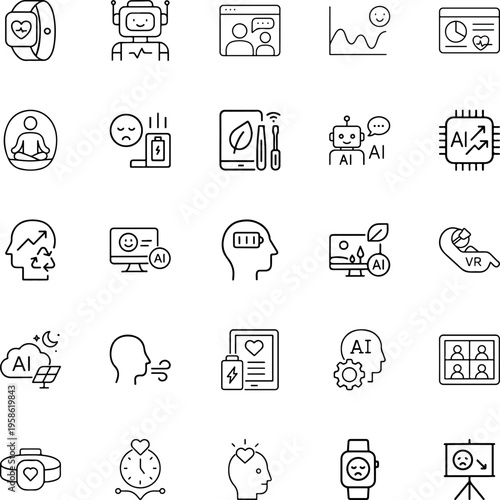 A collection of 25 black line icons related to ai and technology