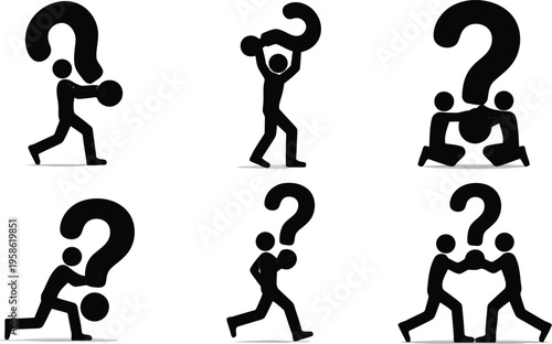 Six silhouette figures interact with large question marks, illustrating problem solving or searching for answers