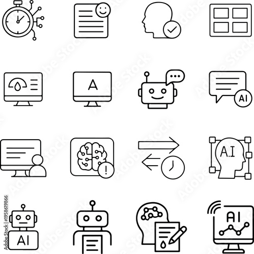 Collection of black and white icons related to ai and technology