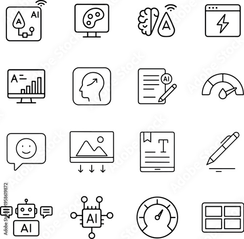 A collection of icons related to artificial intelligence and digital technology