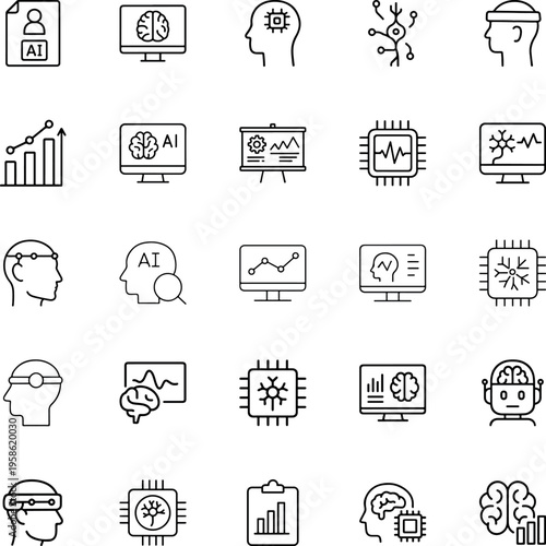 A collection of black and white icons related to artificial intelligence