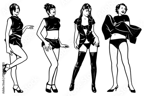 Up Skirts Pin Up Girls. Black and white vector cliparts in pop art style.