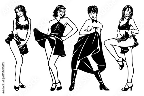 Pin Up Girls Up Skirts. Black and white vector cliparts in pop art style.