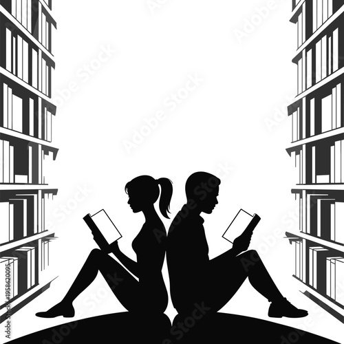 Silhouettes of a man and woman reading tablets between two large bookcases