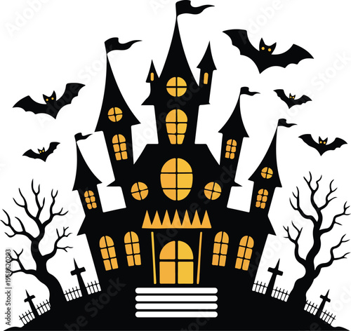 Black Haunted House with Bats and Trees on White Background