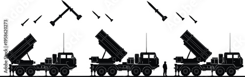 Missile defense system silhouette illustration with trucks, military technology artwork, combat readiness design concept, black and white vector template set