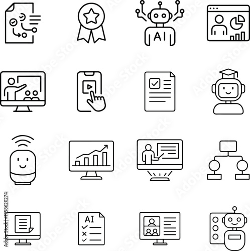 Collection of black line icons related to technology and education