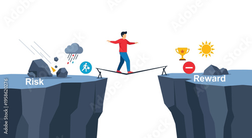 A man balances on a tightrope between risk and reward with a stormy cloud and a shining sun in the background.